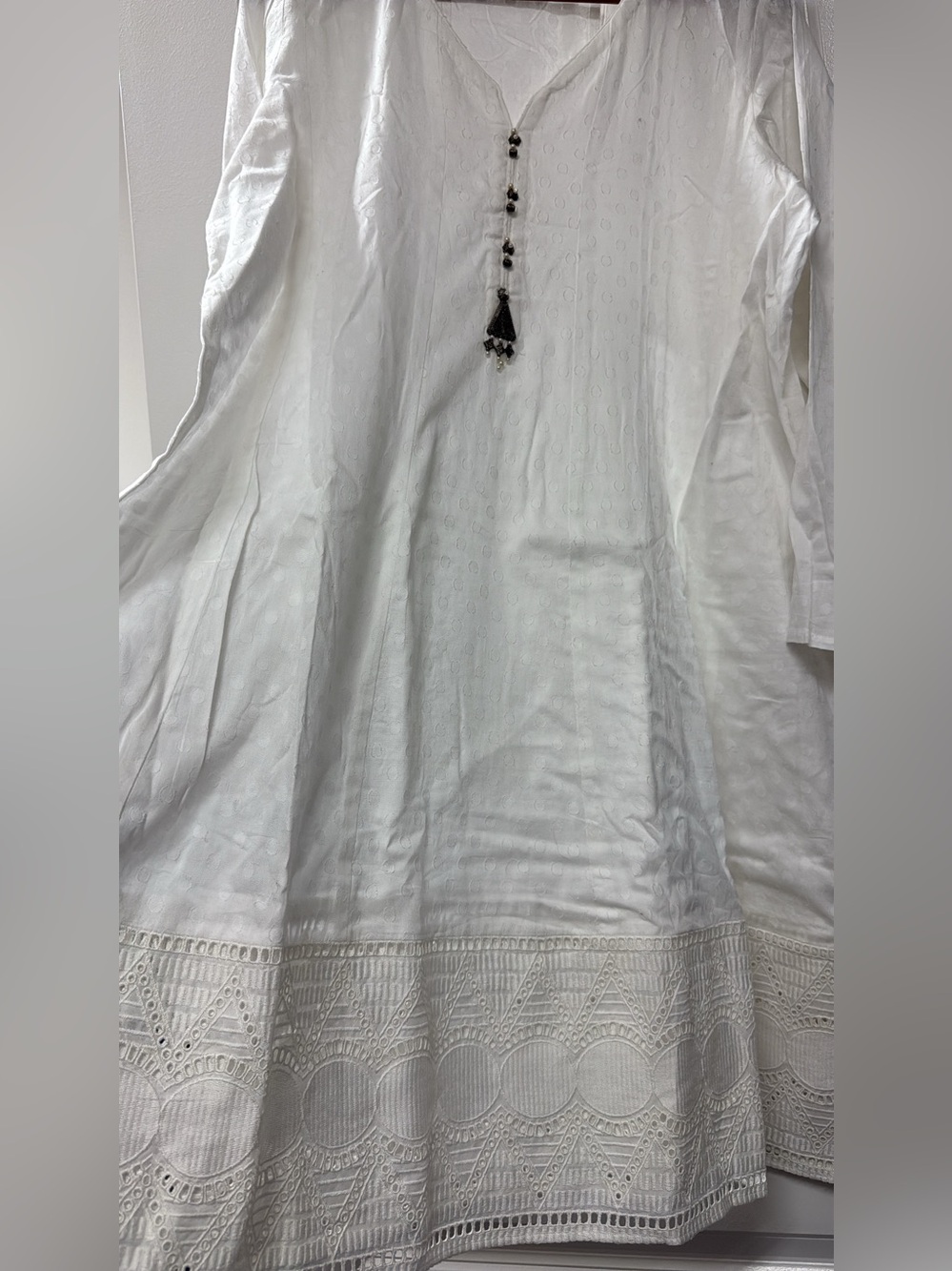 Chinyere Women's White Long-Sleeve Embroidered Airline Kurta Dress with Shalwar